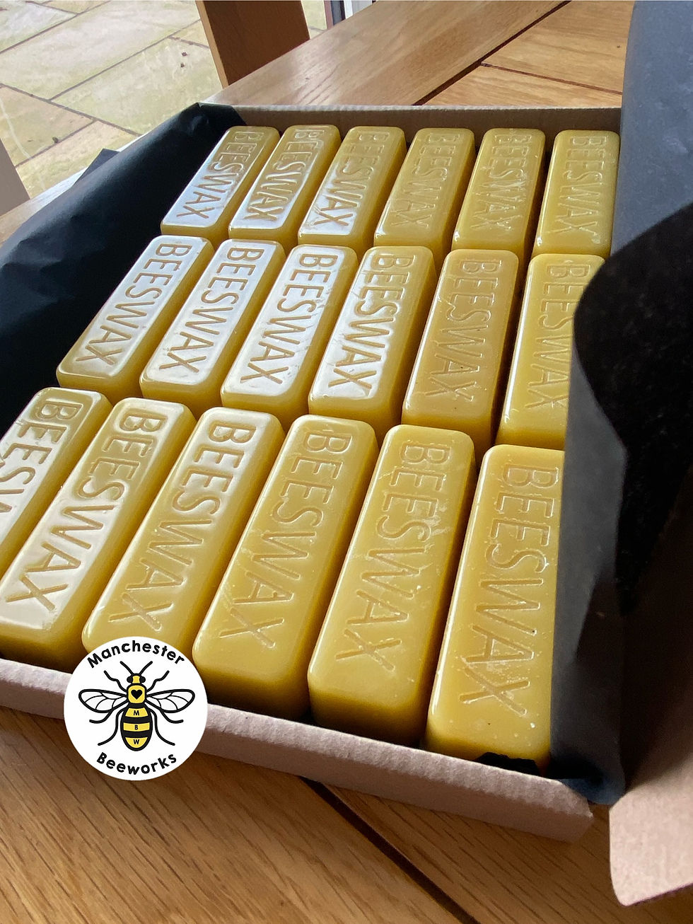 18 Yellow Filtered Beeswax Blocks Bars placed in a box ready for delivery