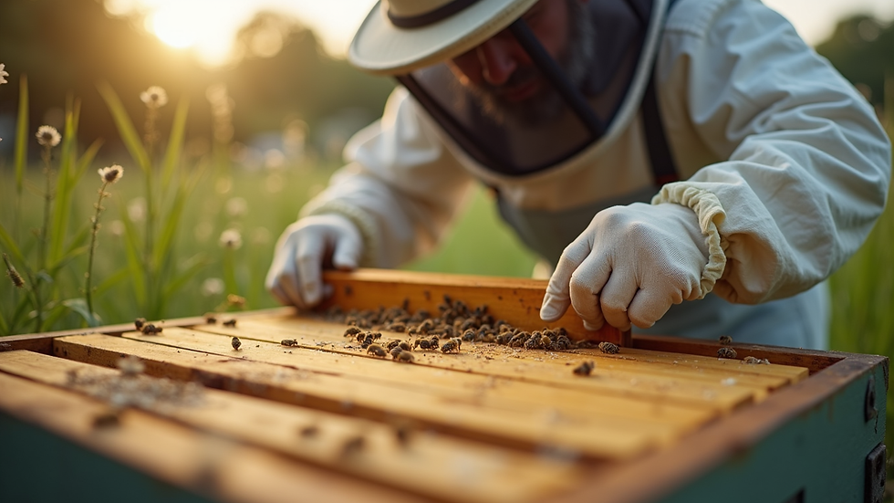 Eye-level view of a local beekeeper tending to a beehive in a garden