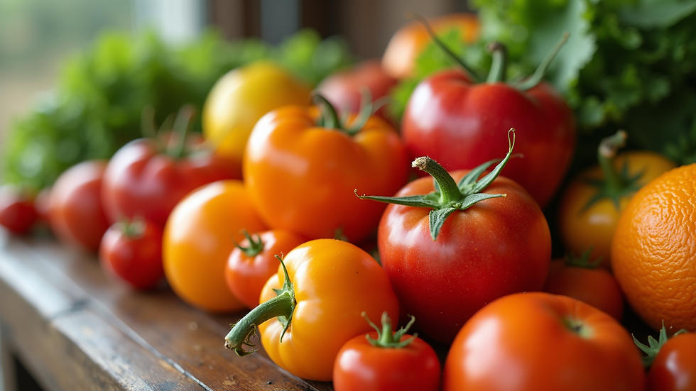 Close-up view of fresh fruits and vegetables rich in vitamins
