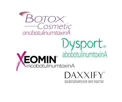 Logos of Botox, Dysport, Xeomin, and Daxxify, FDA-approved neuromodulators for safe, effective neurotoxins treatments.