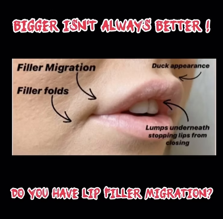 Close-up of lips with filler issues labeled: migration, filler folds, duck appearance. Text above: "Bigger isn't always better!" Below: "Do you have lip filler migration?"
