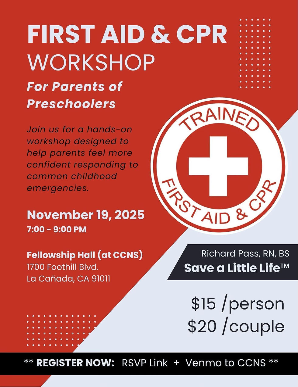 First Aid & CPR Workshop for Parents of Preschoolers, Nov 19, 2025, 7-8 PM, $15/person