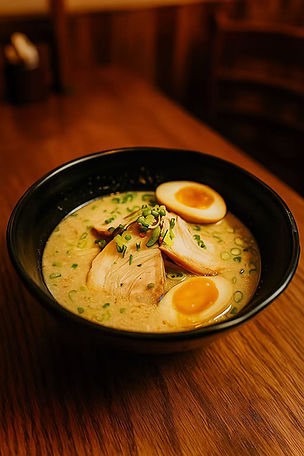 Delicious ramen bowl with soft boiled eggs