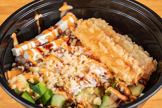 Delicious sushi bowl: crab, tempura, avocado