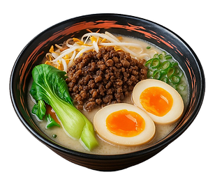 Delicious ramen bowl with two soft boiled eggs