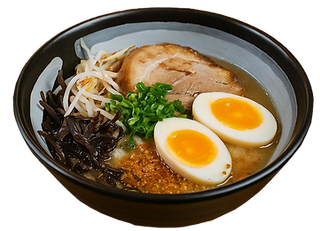 Delicious ramen bowl with pork, eggs, and bean sprouts