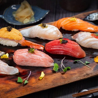 Assorted sushi platter: tuna, salmon, etc.