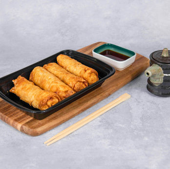 Four crispy egg rolls, dipping sauce, chopsticks