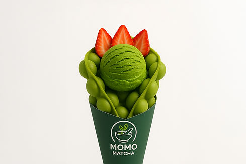 Matcha ice cream, strawberries in Momo Matcha waffle cone
