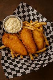 Crispy fish fillets, fries, tartar sauce