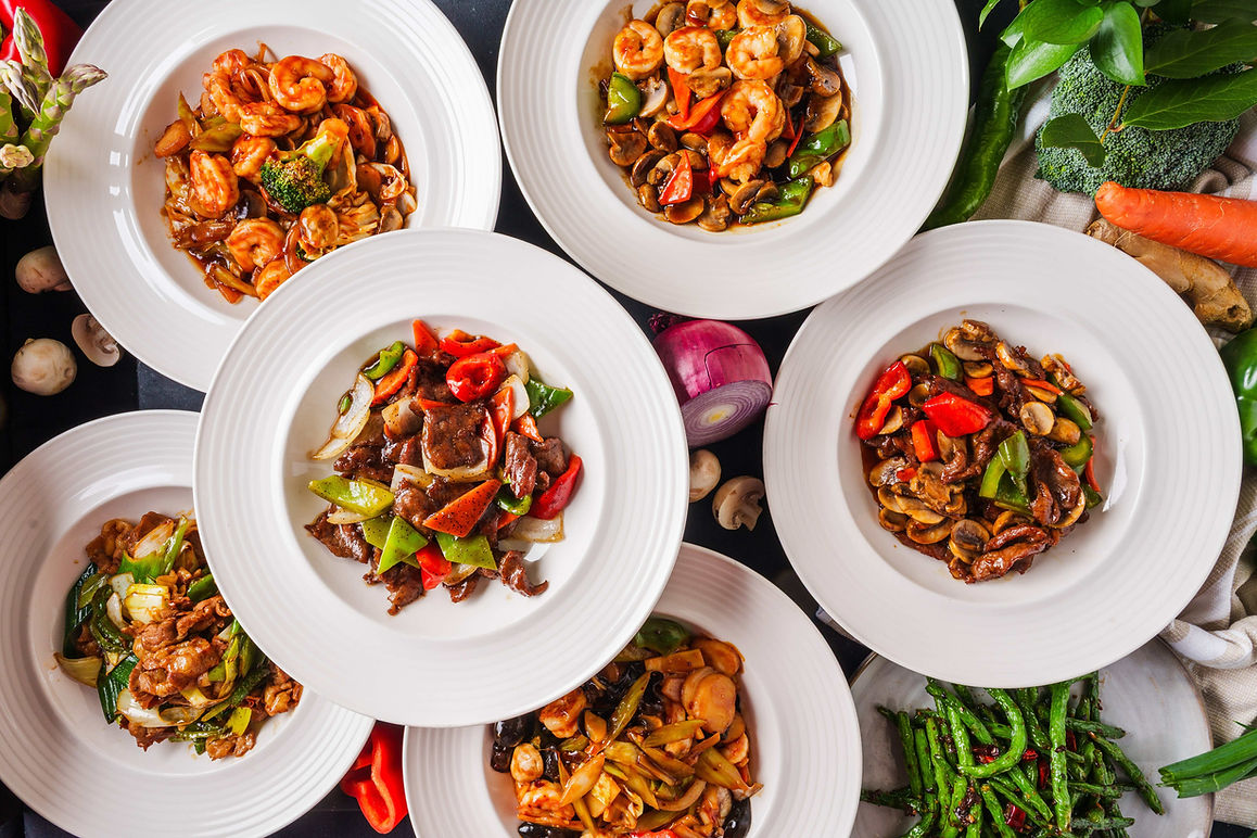 Delicious Dim Sum Bloom dishes: shrimp, beef stir-fries