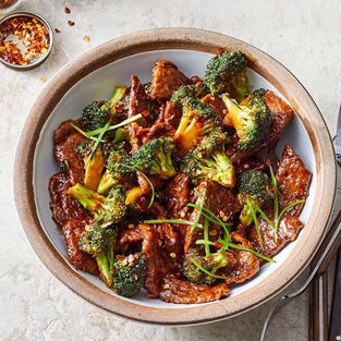 Beef and broccoli stir-fry in bowl