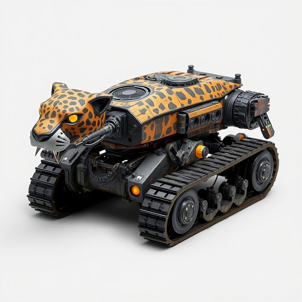 Robotic vehicle with jaguar design, featuring orange and black patterns, glowing eyes, and tracks, against a white background.