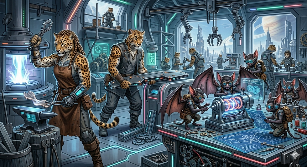 Anthropomorphic leopards and bats work in a futuristic lab with glowing tech. A bat inspects blueprints labeled Aether-Engine. Dynamic scene.