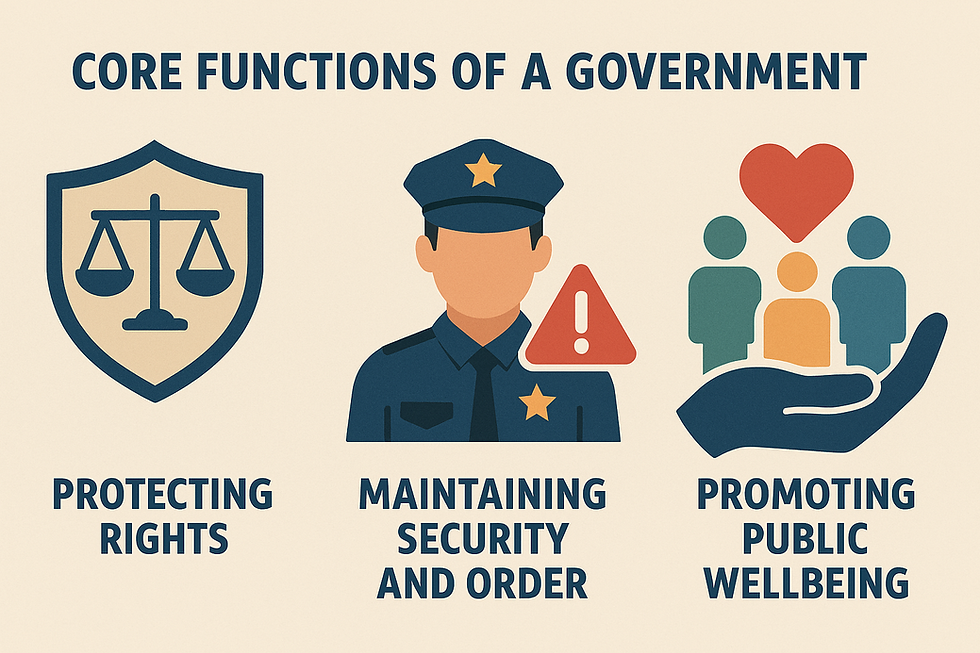 Icons representing government functions: shield with scales for protecting rights, police for security, and hand with people for public wellbeing.
