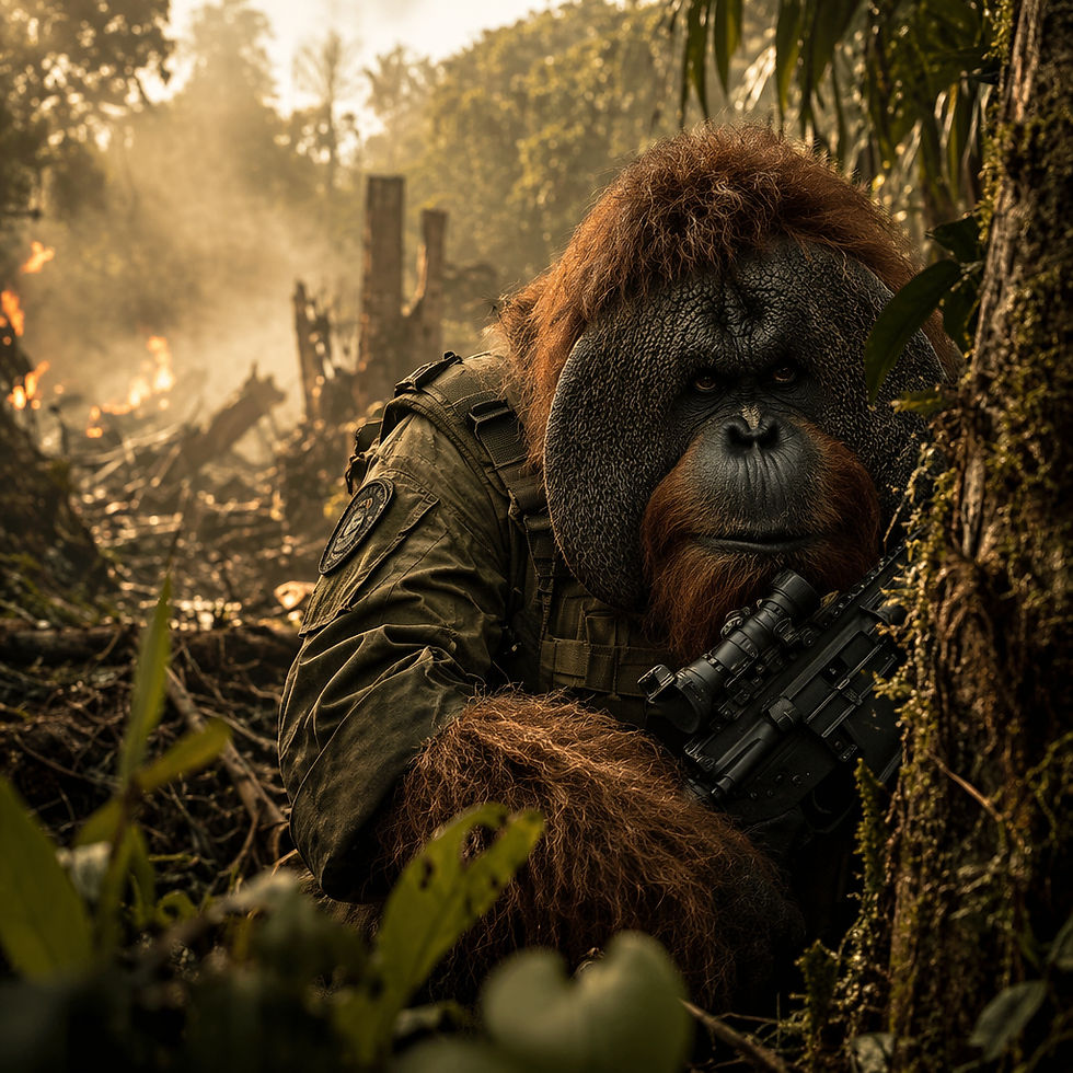 An orangutan in military garb hides behind a tree in a forested war zone