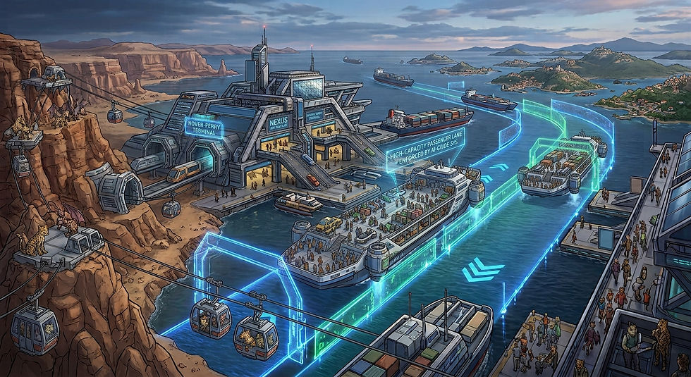 Futuristic ferry terminal in a cliffside harbor, with glowing transit lanes, cargo ships, cable cars, and crowds under dusk skies.