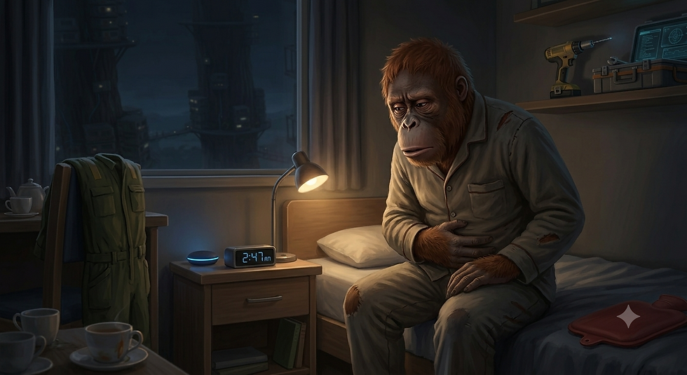Orangutan in pajamas sits on a bed in a dim bedroom, clutching his stomach beside a clock reading 2:47 AM.