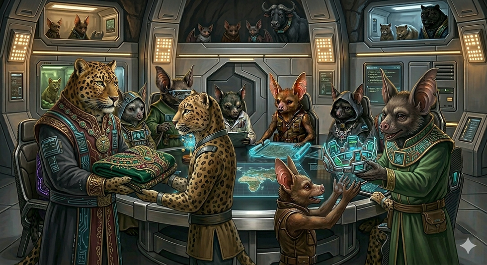 Anthropomorphic animals in a futuristic room, exchanging glowing maps and holding ornate cloths. High-tech, spaceship interior.