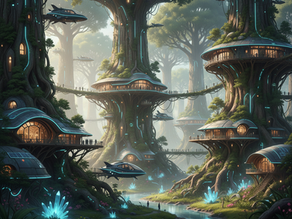 Neighborhood of futuristic apartments built into trees