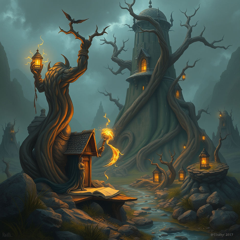 Ai-generated image of twisted tree creature holds a lantern, facing a glowing book by a stream. Tall tower entwined with vines in foggy, mystical landscape.
