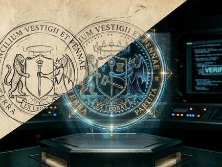 Government emblem for a culture of batlike and leopard-like peoples. The emblem is in two halves. On the left is a pencil sketch, and on the right is a full-color digital version.