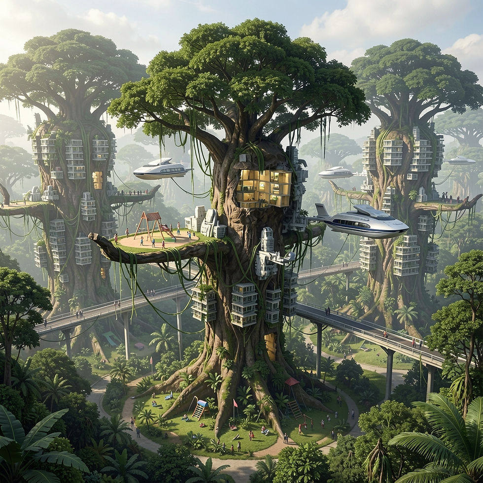 Futuristic tree city with giant trees, suspended homes, sky bridges, flying yachts, and people playing in a lush green park.