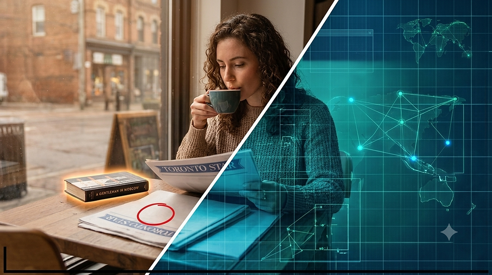 An image in two halves. A woman sits reading a paper and drinking coffee on one side. She is shown with a blur-green digital overlay on the other side.