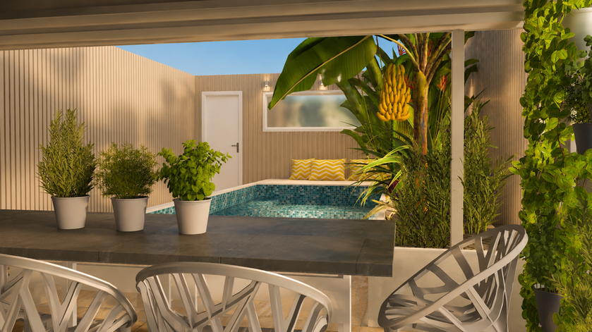 Vue depuis un bar extérieur en pierre sur une piscine mosaïque bleue entourée de bananiers et plantes tropicales