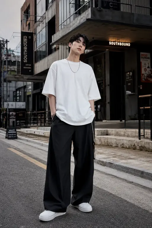 Modern Seoul streetwear model walking through a trendy city street.