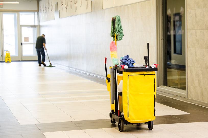 Cleaner is cleaning the floor, cleaning trolley.jpg