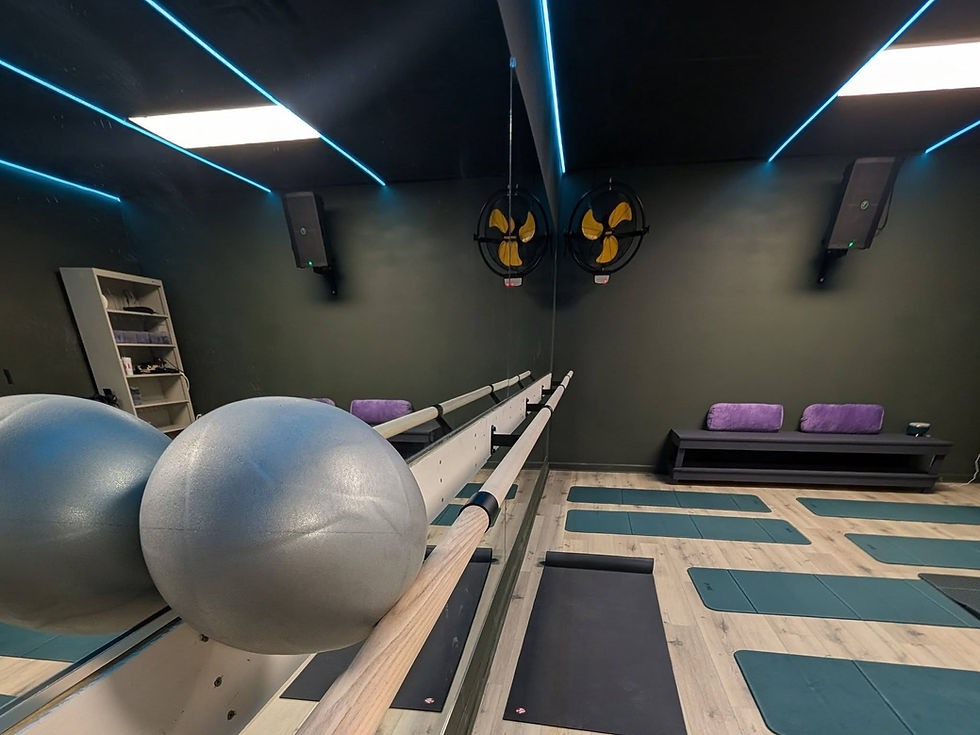 Interior of Feliciana Fitness barre studio in St. Francisville, Louisiana — wooden barre, teal mats, mirrored walls, LED accent lighting.