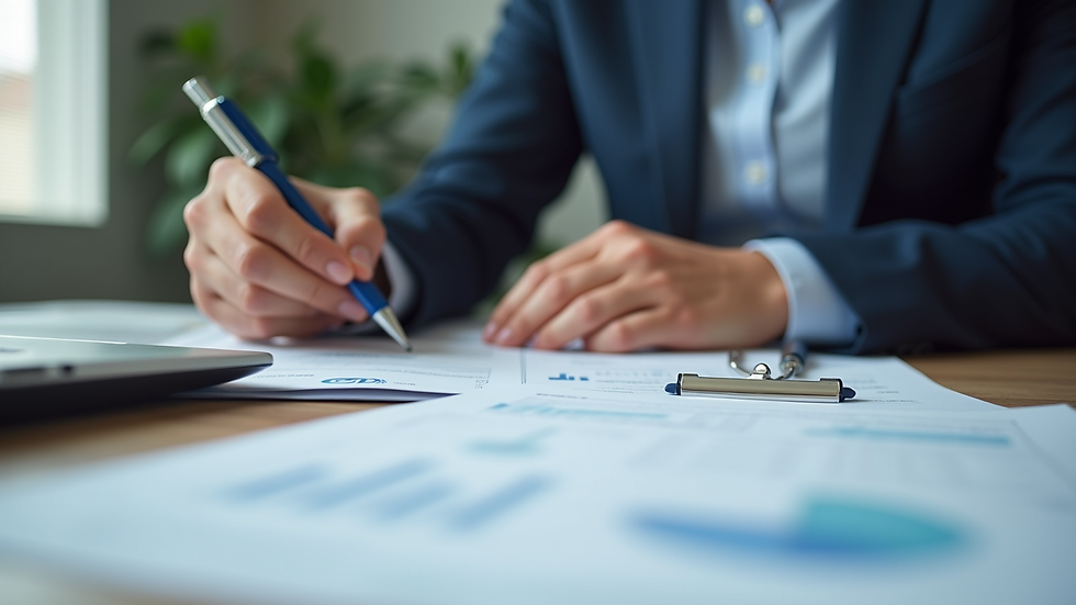Close-up view of a tax preparer reviewing documents with a client