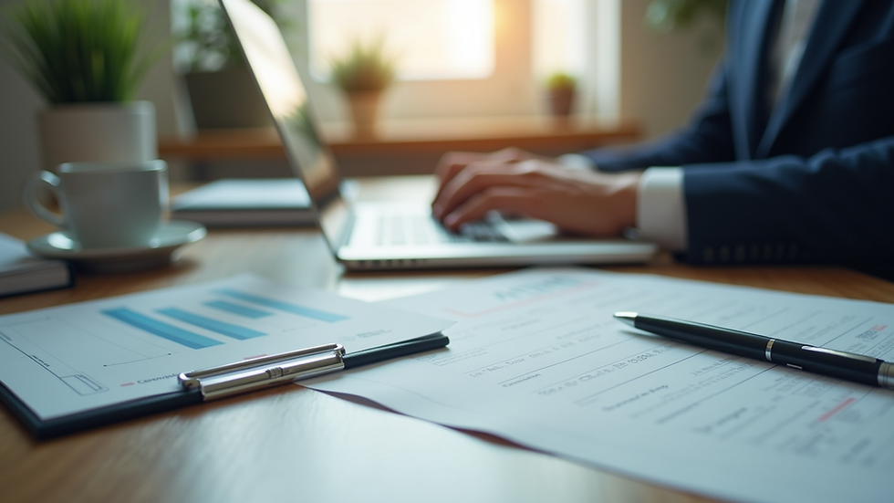 Eye-level view of a small business office with a laptop and financial documents