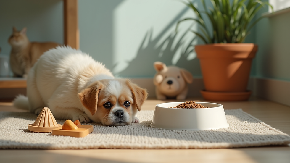 Close-up view of a pet care setup with food and toys arranged neatly