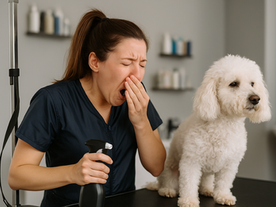 A groomer sneezing