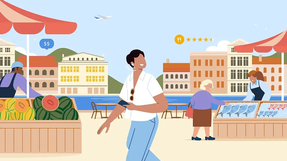 Flat vector illustration of a happy traveler holding a phone and walking through a bustling European waterfront market with stalls selling fresh watermelon and fish, featuring budget and restaurant review icons in the sky.