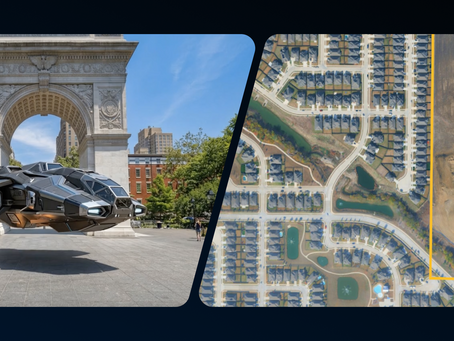 Google Cloud Next 26 promotional banner showcasing a split screen: a futuristic vehicle hovering in front of the Washington Square Arch on the left, and a satellite construction map view on the right.
