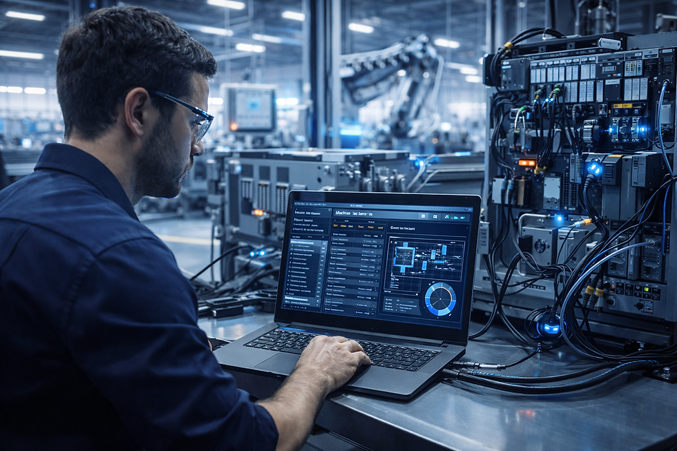 Ingénieur automatisme analysant les diagnostics PLC sur ordinateur portable dans une usine pour réduire les pannes et améliorer la disponibilité des machines.