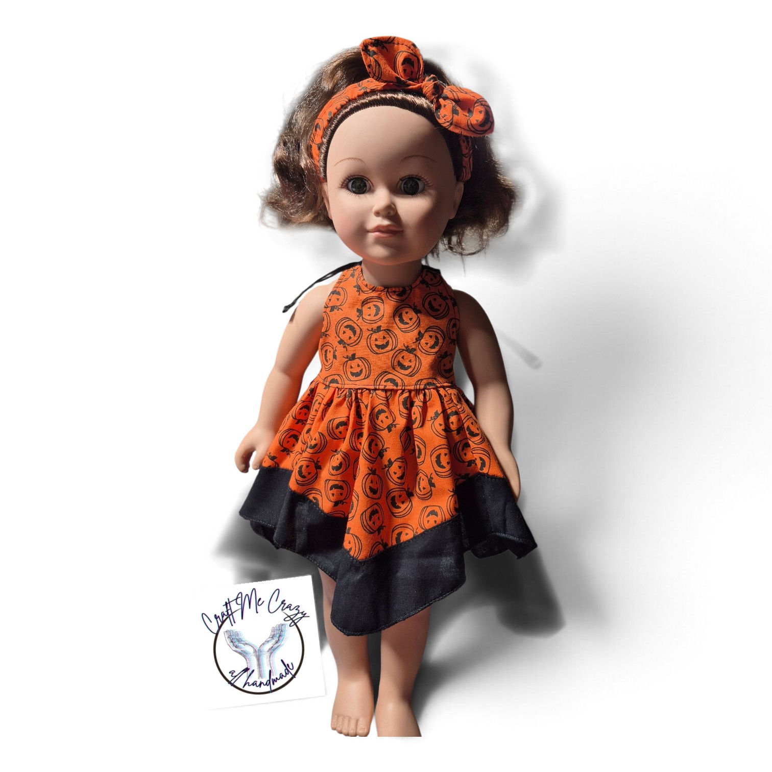 Orange & Black Halloween Pumpkin - 18 in. Doll Dress – Sleeveless V-Hem
