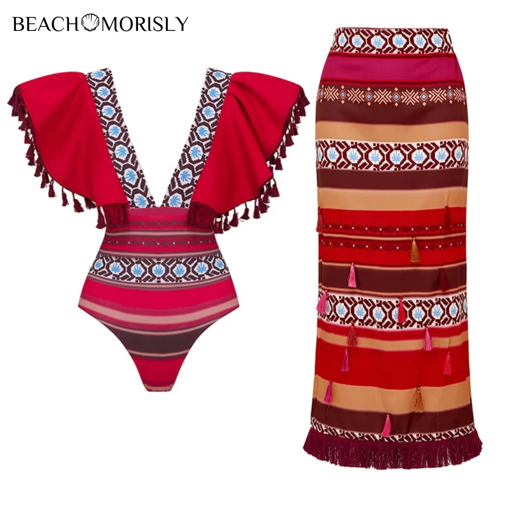  Flash Sales 2024 Ethnic  Style Printed V Neck Ruffle Tassel One Piece Swimsuit and Skirt  Swimwear Set Women Beachwear Luxury Bathing Suit