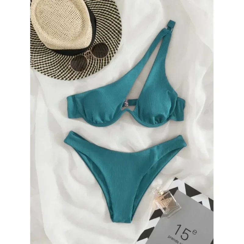  Today’s Hottest Discounts 2024 One Shoulder Bikini Set Women Summer Swimsuit High Waist Swimwear Solid Bathing Suits Push Up Bikini Female