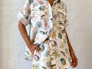 Buy the Epic Savings 2024 Fashionable Personalized Fish Print Short-Sleeved Resort Fashion Casual Tie-Down Attire Shirt Dual set Outfit Today - Exclusive Quality and Style