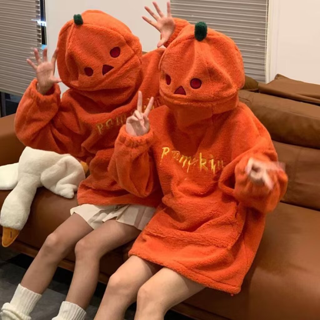 Shop Now! 2024 New Halloween Party Pumpkin Head Lamb Fleece Couple Style Y2k Oversized Hoodie Hooded Sweatshirt Embroidery Streetwear