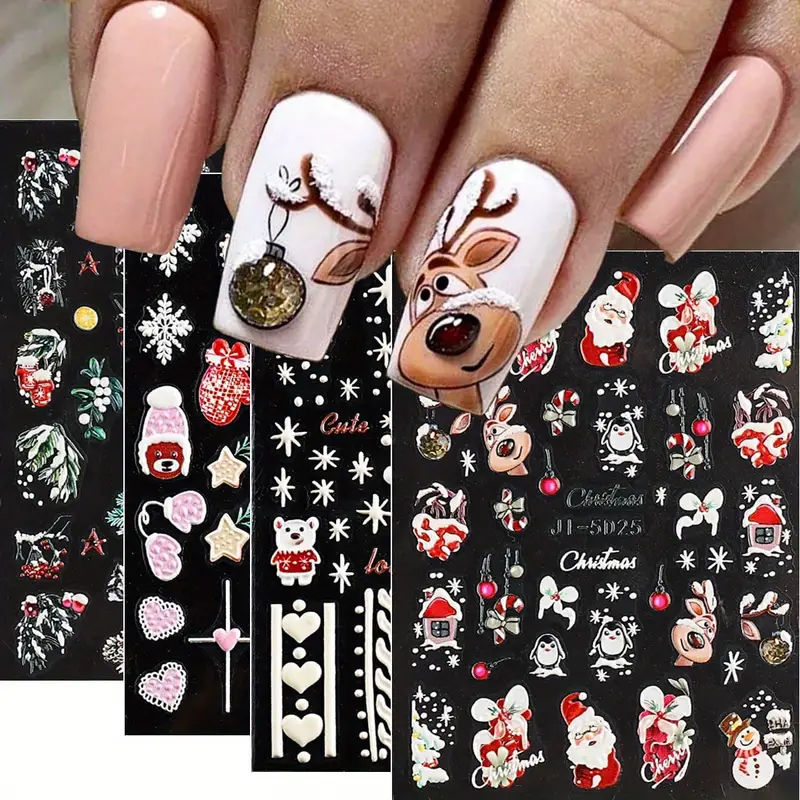  Premium Deals 2024 New Christmas Nail Stickers 5D Relief Winter Snowflake Bear Nail Sticker for Women and Girl Santa Claus Nail Sticker Art