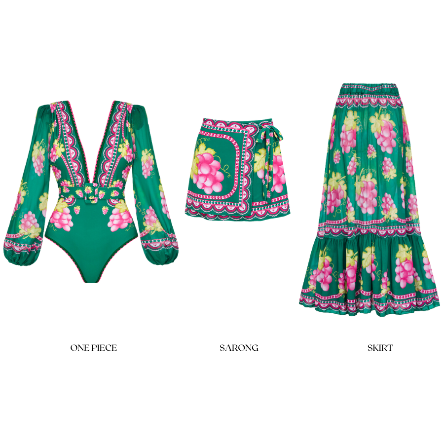 Smokin’ Hot Bargains 2024 Long Sleeved Retro Green Grapes Swimsuit Set Swimwear and Skirt Beachwear Bathing Suit FLAXMAKER Swismuit Bodysuit