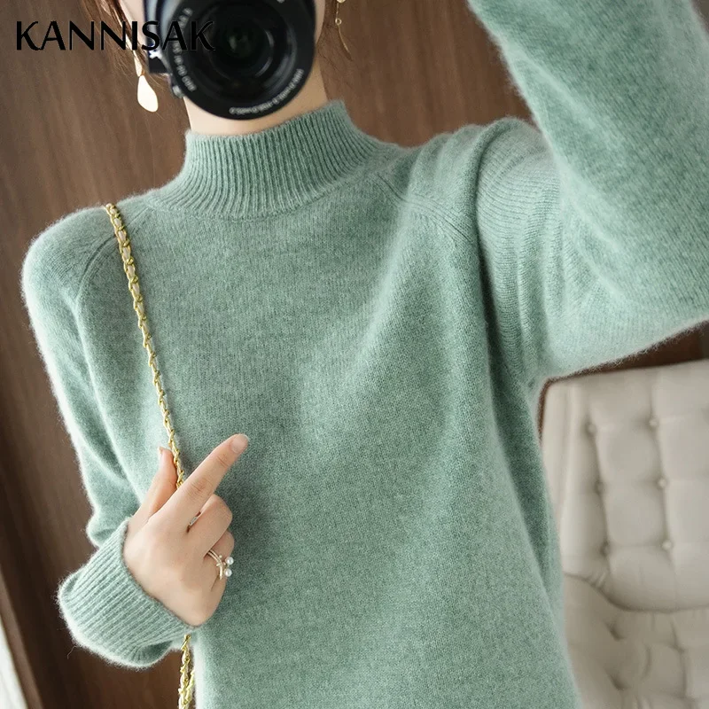  Ultimate Savings 2024 Autumn Winter Thick Warm Sweater Women Half High Collar Cashmere Sweater Korean Solid Green Casual Basic Pullover Knitwear
