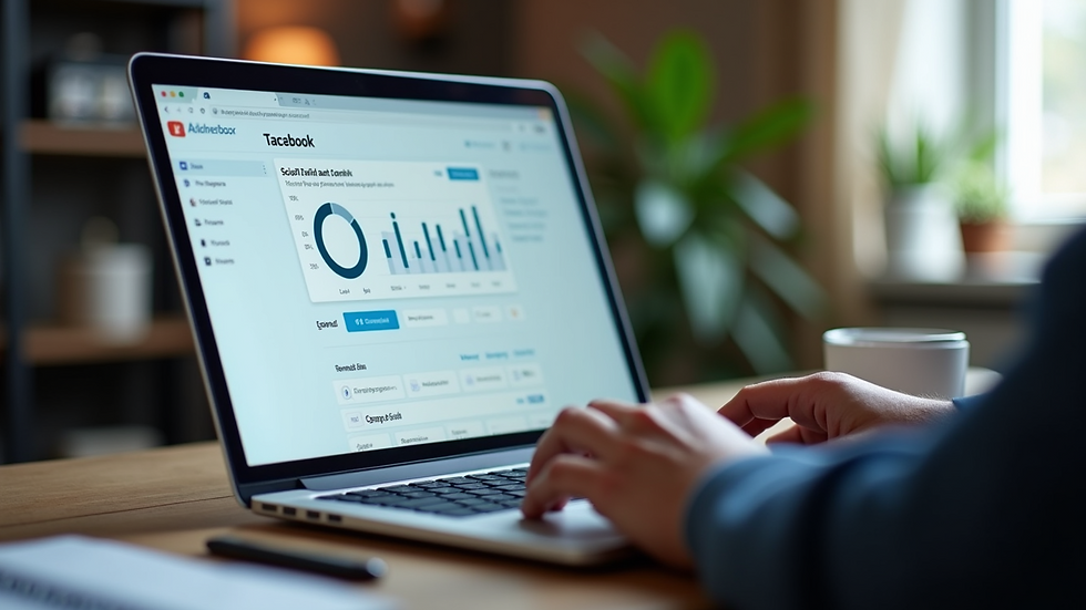 Eye-level view of a laptop screen showing social media marketing dashboard
