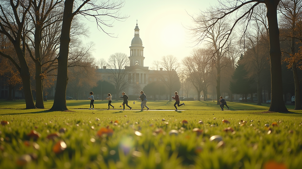 Wide angle view of a serene park with people exercising