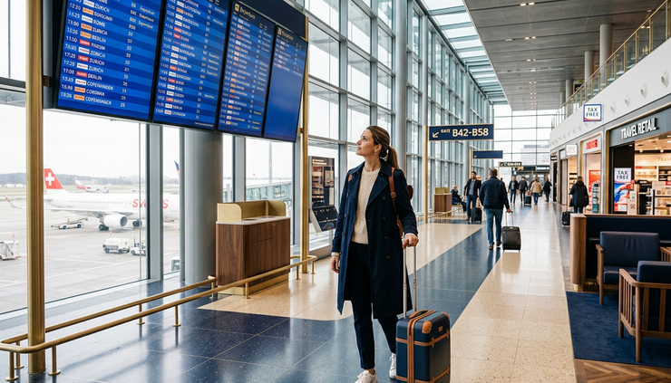 Wide-angle view of a traveller looking at departure boards in a European airport terminal.